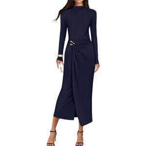 Zesica Women's Navy Long Sleeve Mock Neck Long Midi Bodycon Cocktail Dress